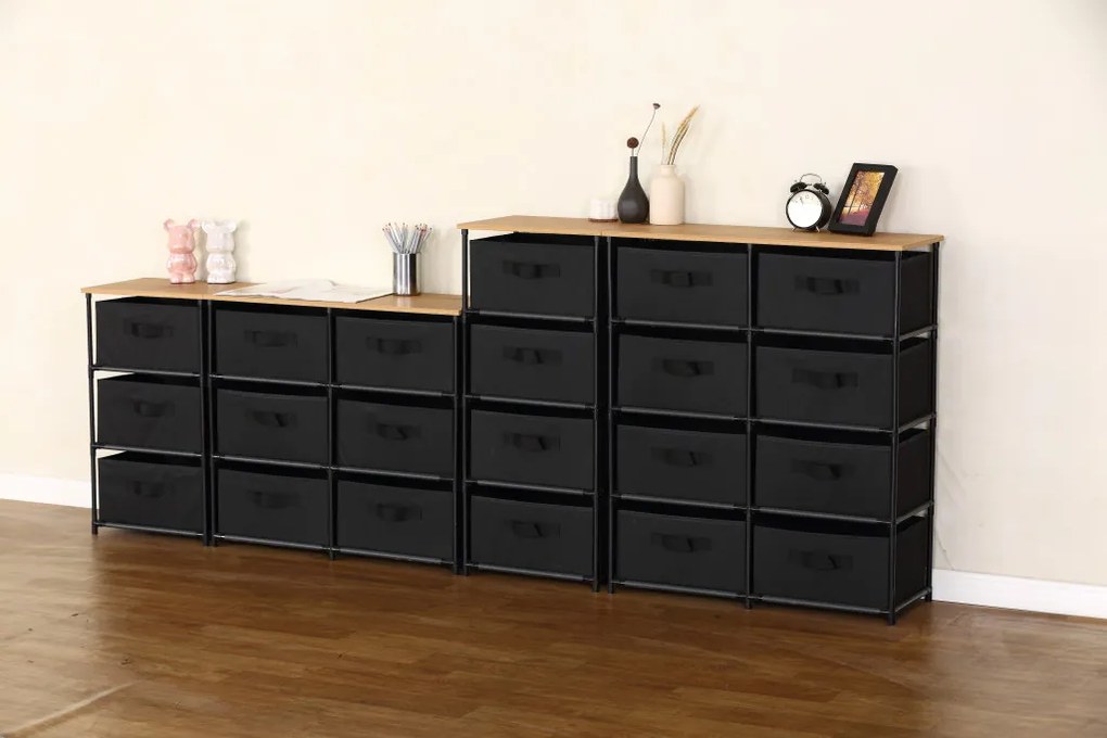 Intenso Home komód 4db szövet fiókkal 40x90cm | Fekete - arany tölgy vászonfiókos tároló