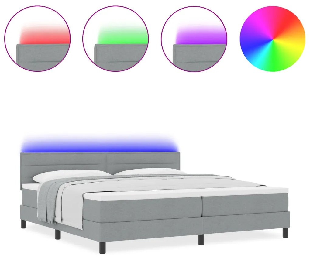 Box Spring Ágy matraccal & LED Világosszürke 200x200 cm Szövet