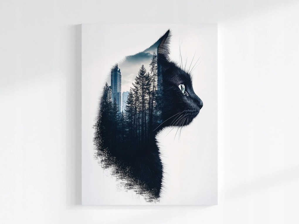 Poszter Grafika Fekete Macska Profil Város Erdő Fák 75x100