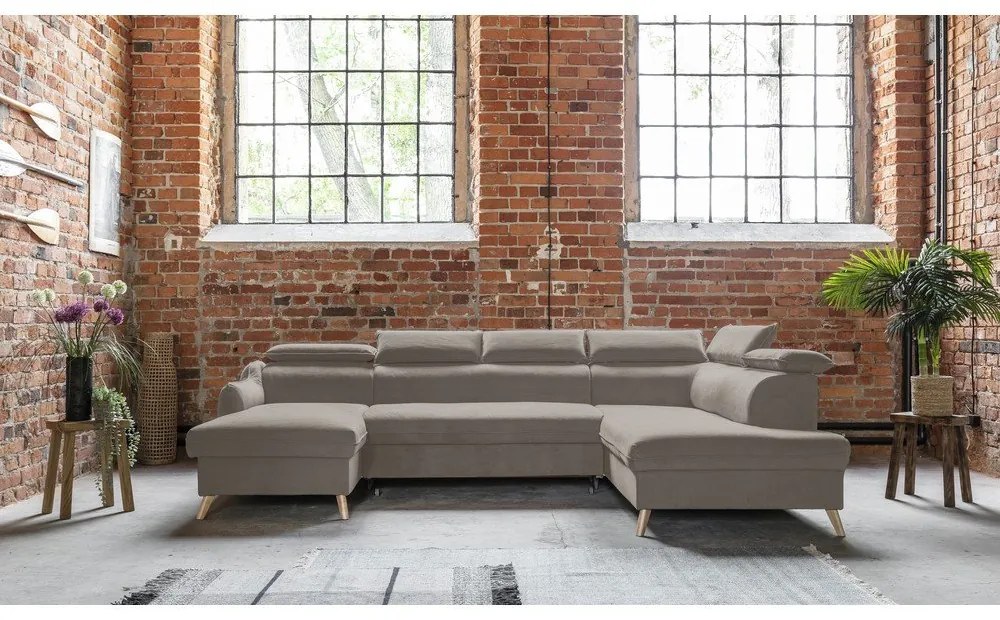 Világosbarna bársony kinyitható sarokkanapé (jobb oldali-"U" alakú) Sweet Harmony – Miuform