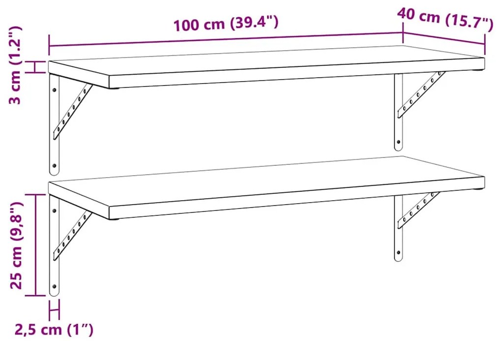 2 db fekete rozsdamentes acél fali polc 100 x 40 cm