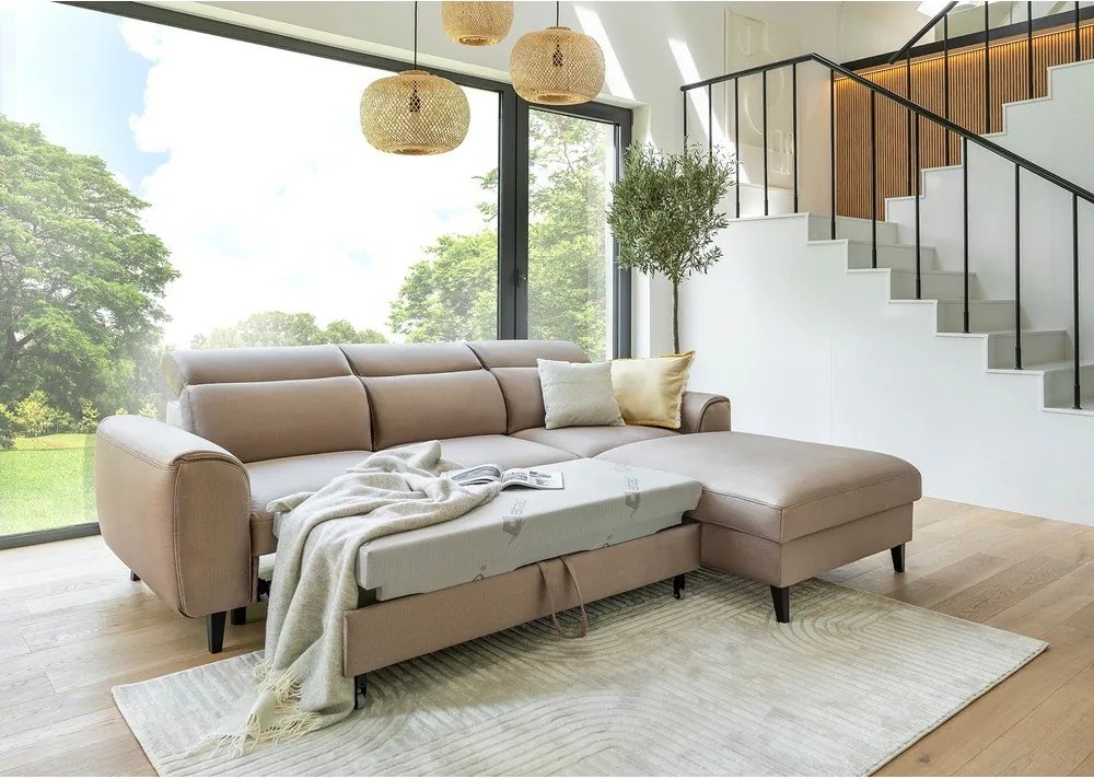 Világosbarna bársony kinyitható-tárolóhelyes sarokkanapé (bal oldali-heverő résszel) Foble – ELTAP