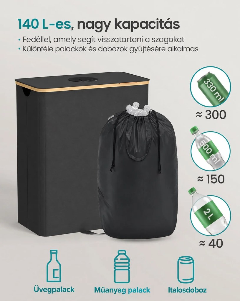 SONGMICS palackgyűjtő, 140 literes, bedobónyílásos fedéllel és kivehető belső zsákkal, fekete-bézs