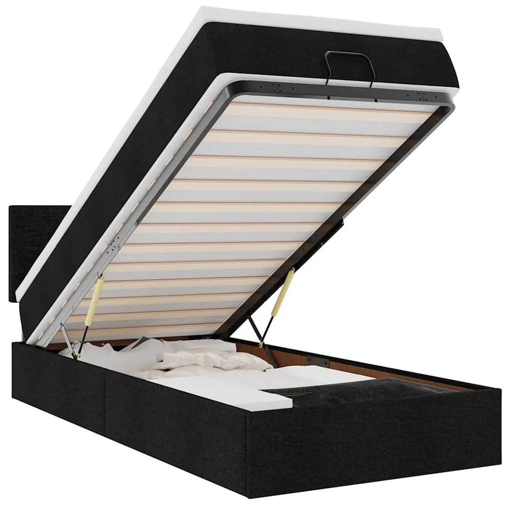 fekete szövet ottomán ágy matraccal & LED-ek 80x200cm