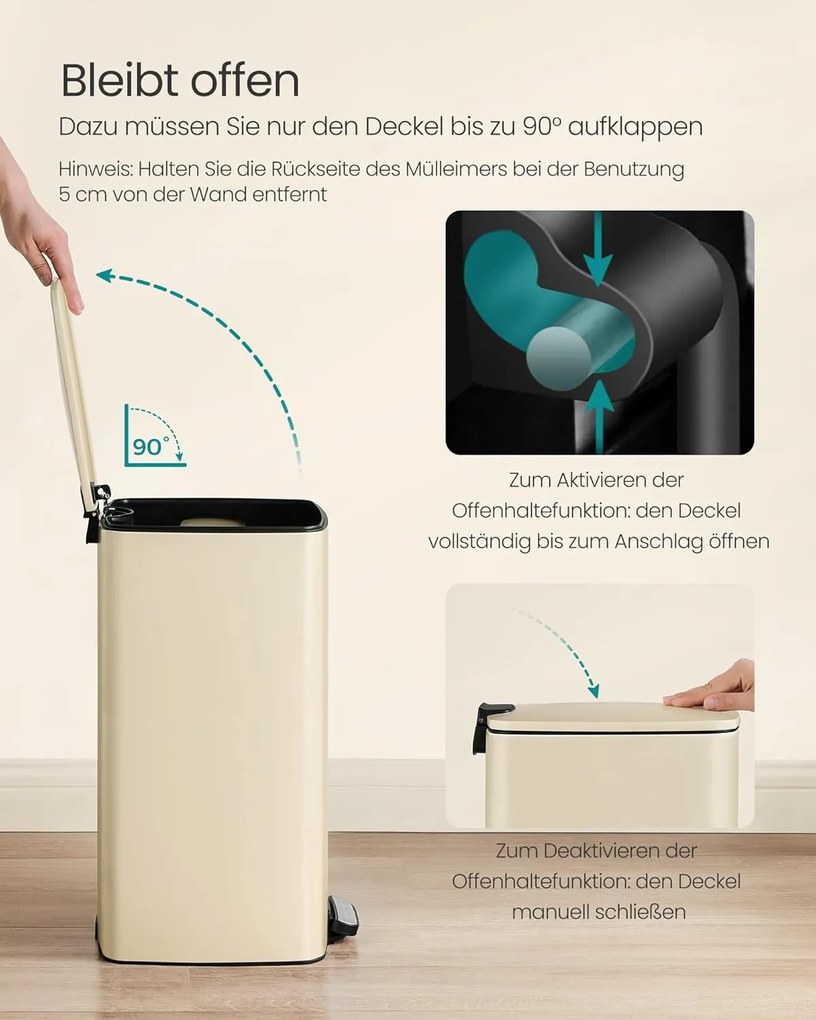 Konyhai szemetes, 30 literes, pedálos kuka, acél, 28,5 x 28,3 x 49,5 cm, homokbézs