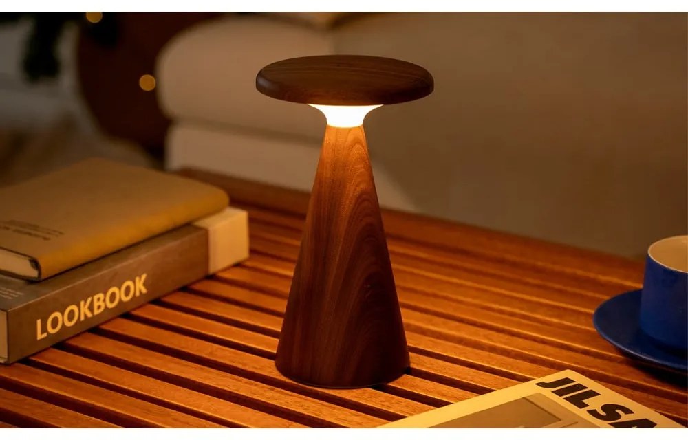 Sötét natúr színű LED asztali lámpa fa búrával (magasság 21 cm) Sylva – Gingko