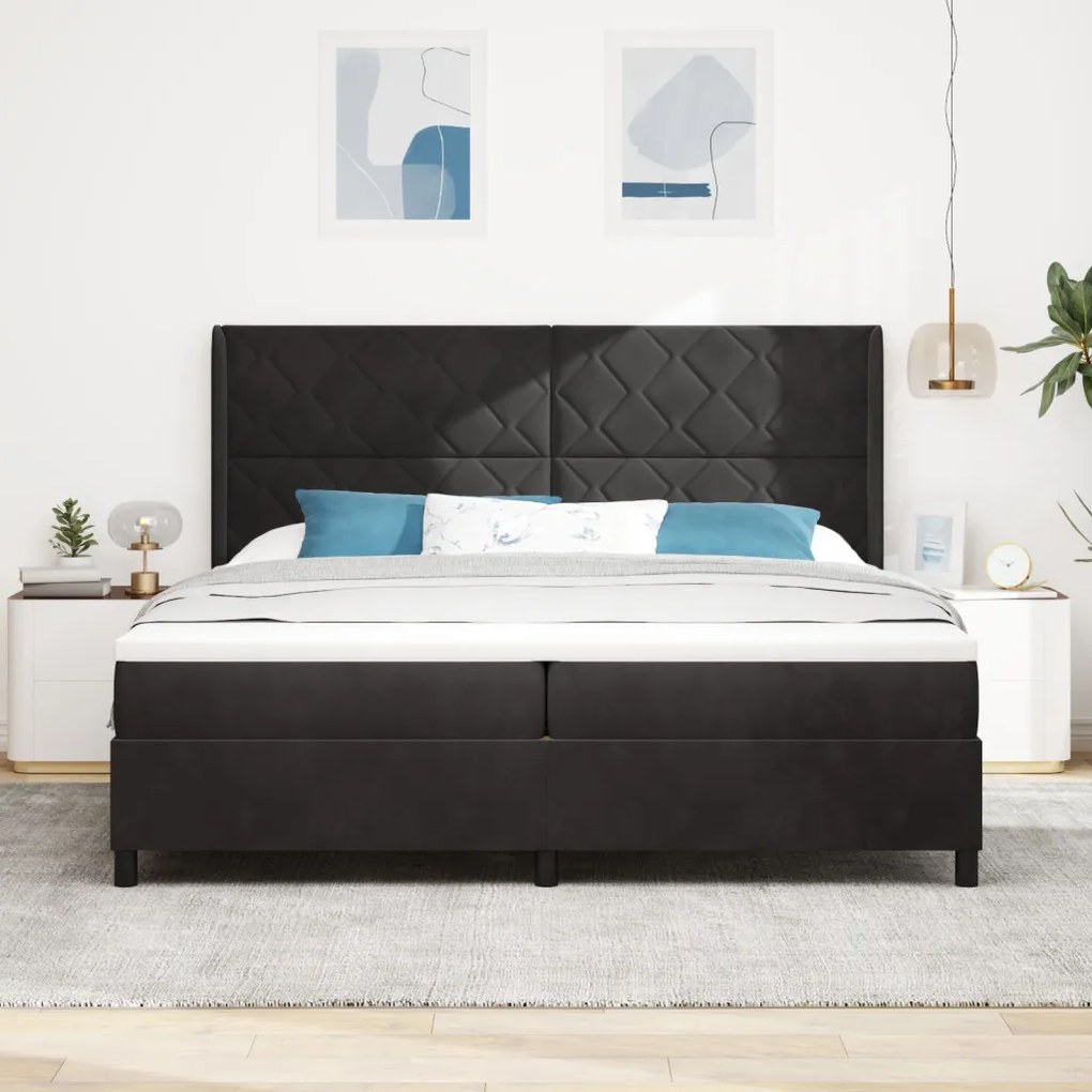 Boxspring Ágy Matraccal és LED Fekete 200x200 cm Bársony