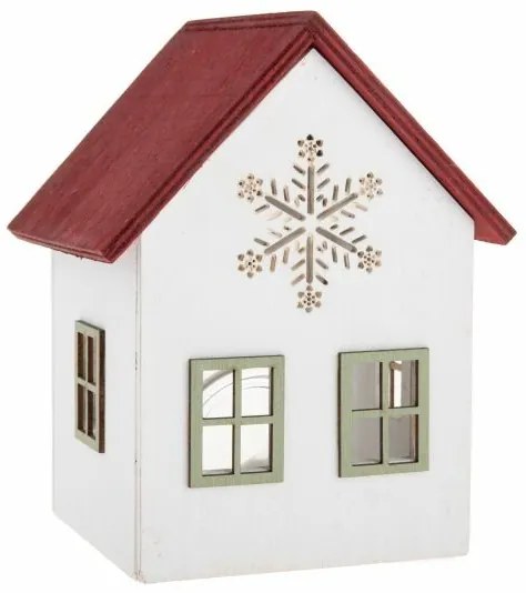 Ház hópehellyel fa gyertyatartó üveggel, 15 cm, piros