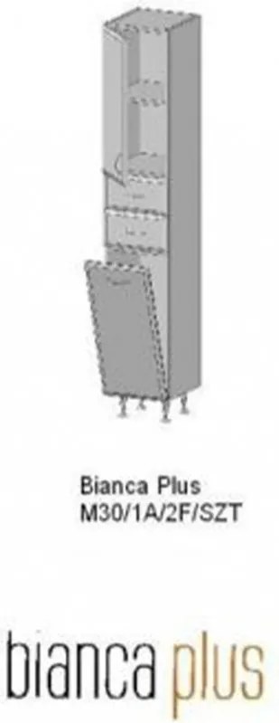 Bianca Plus 30 magas szekrény 1 ajtóval, 2 fiókkal, szennyestartóval, magasfényű fehér színben, jobbos