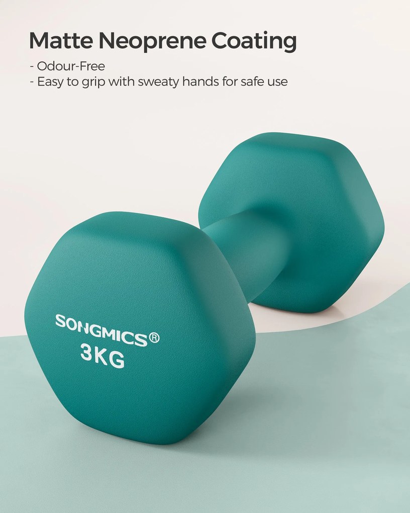 2 db-os neoprén hatszögletű súlyzókészlet, 2 x 3 kg, kékeszöld