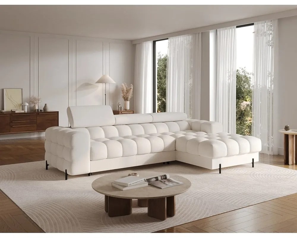 Krémszínű buklé kinyitható-tárolóhelyes sarokkanapé (jobb oldali-heverő résszel) Felro – ELTAP