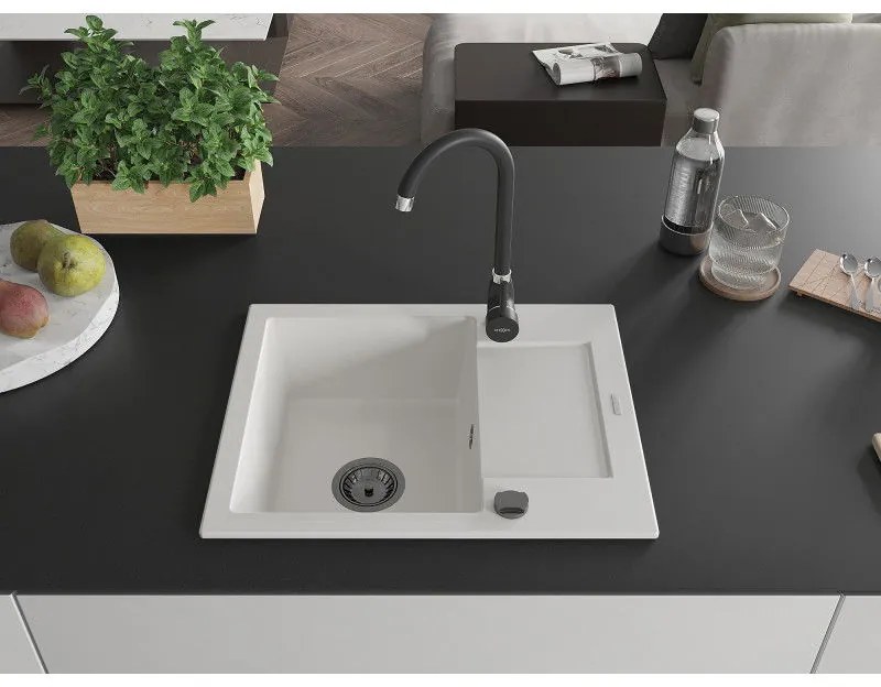 Mexen Enzo, gránit mosogató 576x465x174 mm, 1 kamrás, fehér, fekete szifonnal, 6506571005-20-B