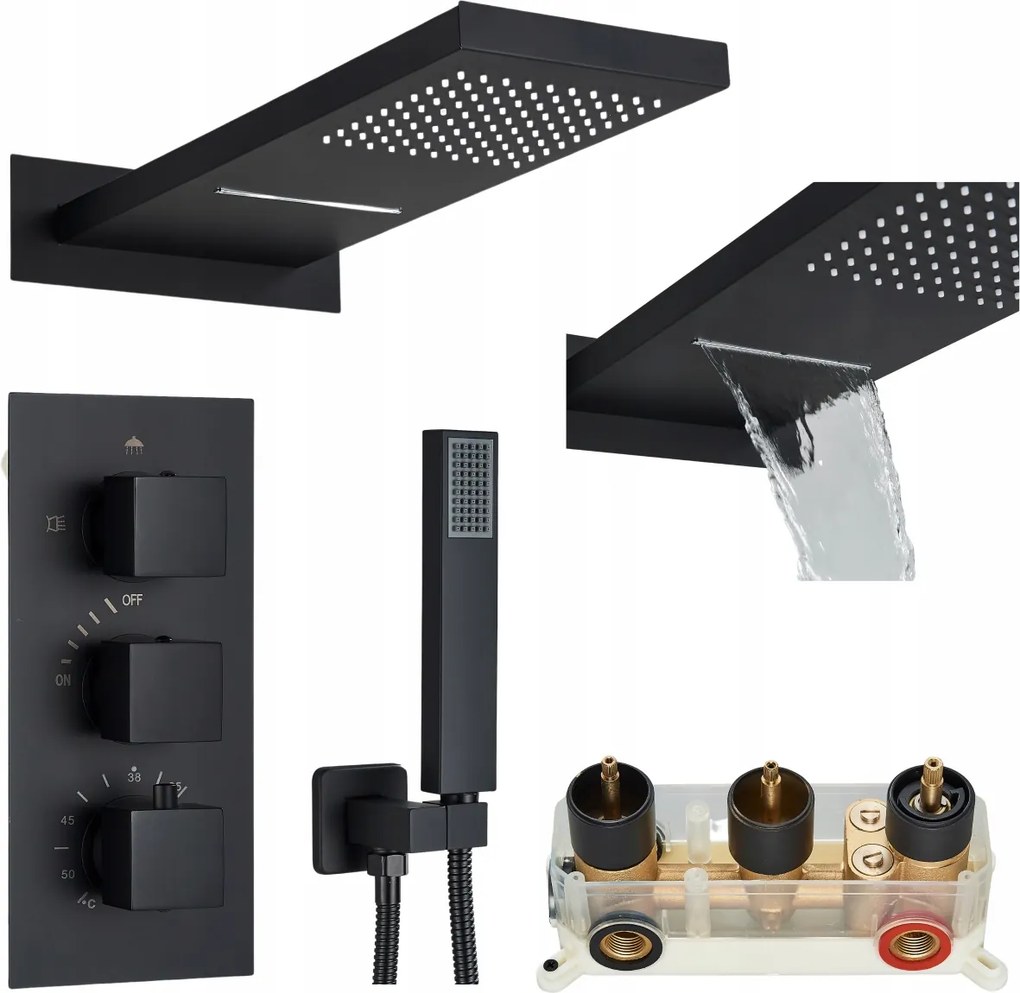 Zuhanyszett Falsík alatti fürdőszoba termosztát esőztető doboz Fekete