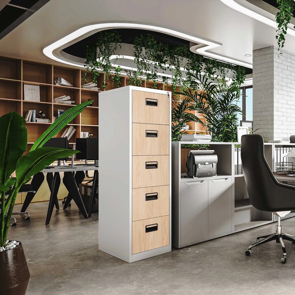 Fém irattartó szekrény, 5 fiókos SARA V5, 460 x 1625.5 x 620 mm, Eco Design: fehér/ sonoma tölgy