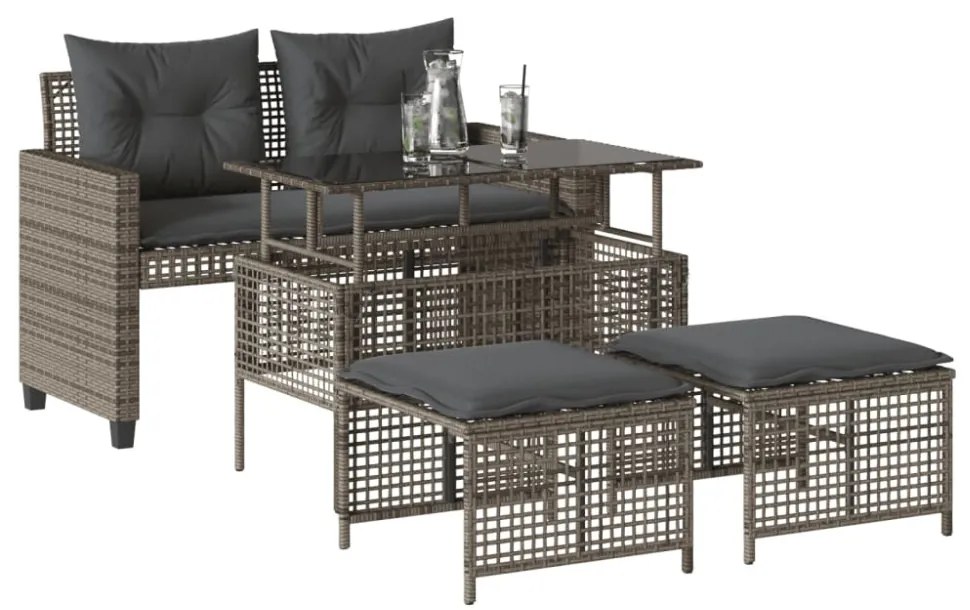 4 részes szürke polyrattan üveg kerti ülőgarnitúra párnákkal