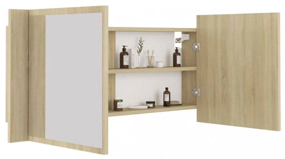 tölgyszínű akril LED-es tükrös fürdőszobaszekrény 100x12x45 cm