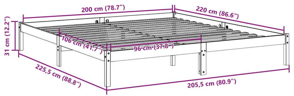 fehér tömör fenyő extra hosszú ágykeret matrac nélkül 200x220cm