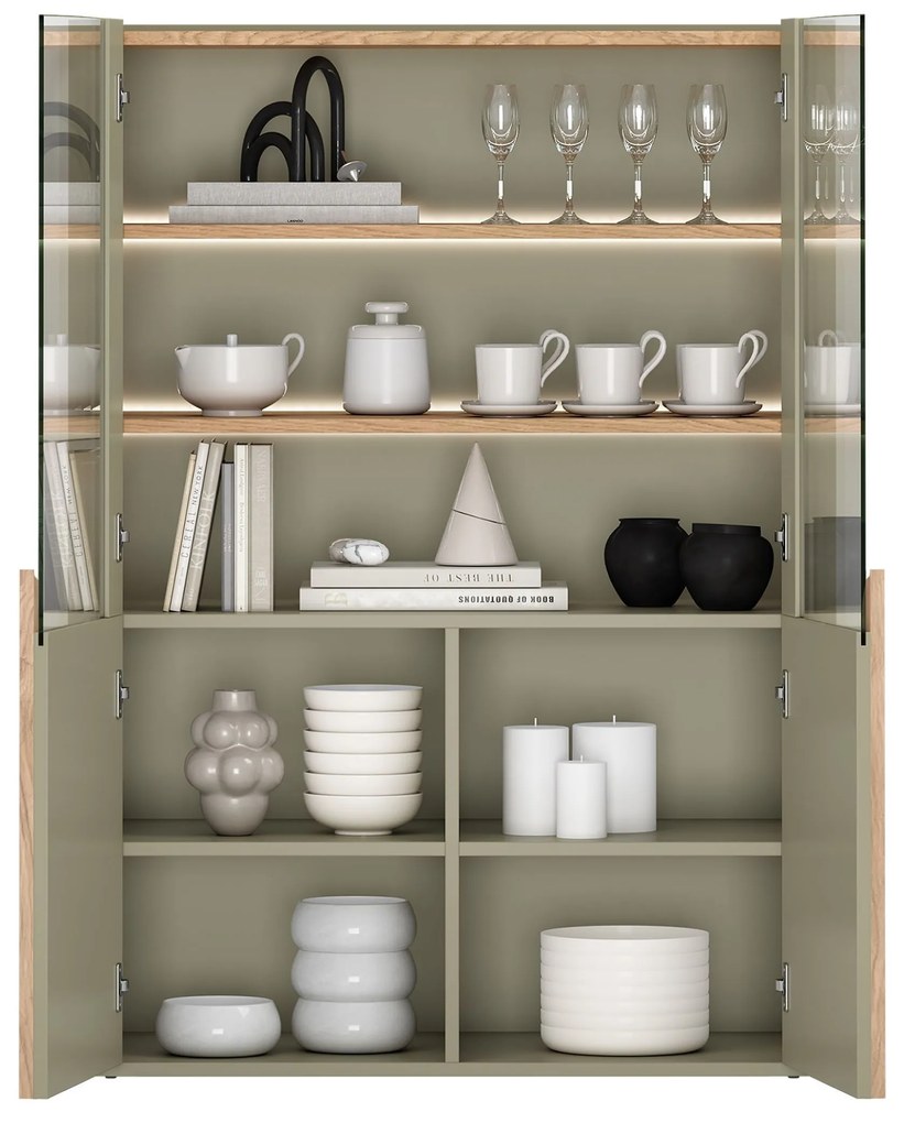 Amilio vitrines szekrény 100 cm, kétszárnyú - eukaliptusz / baltic dune tölgy / natúr tölgy fogantyúk