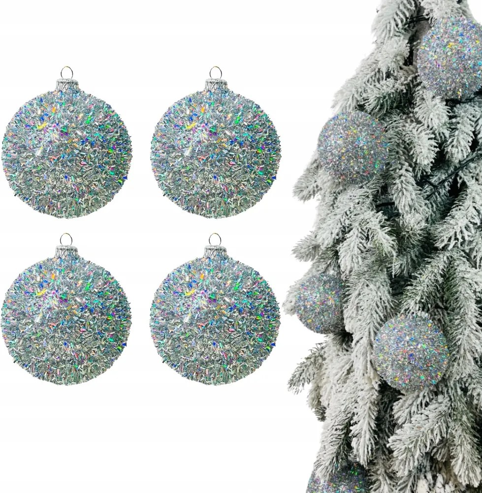 4x Holografikus Ezüst Karácsonyfa Bombák Csillámos Buborékok 3D karácsonyfára
