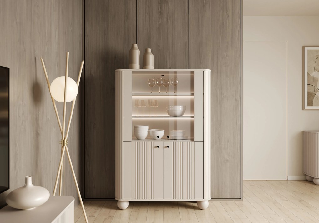 Vesper négyajtós vitrin 103 cm - kasmír / fekete fogantyúk / gömb alakú lábak