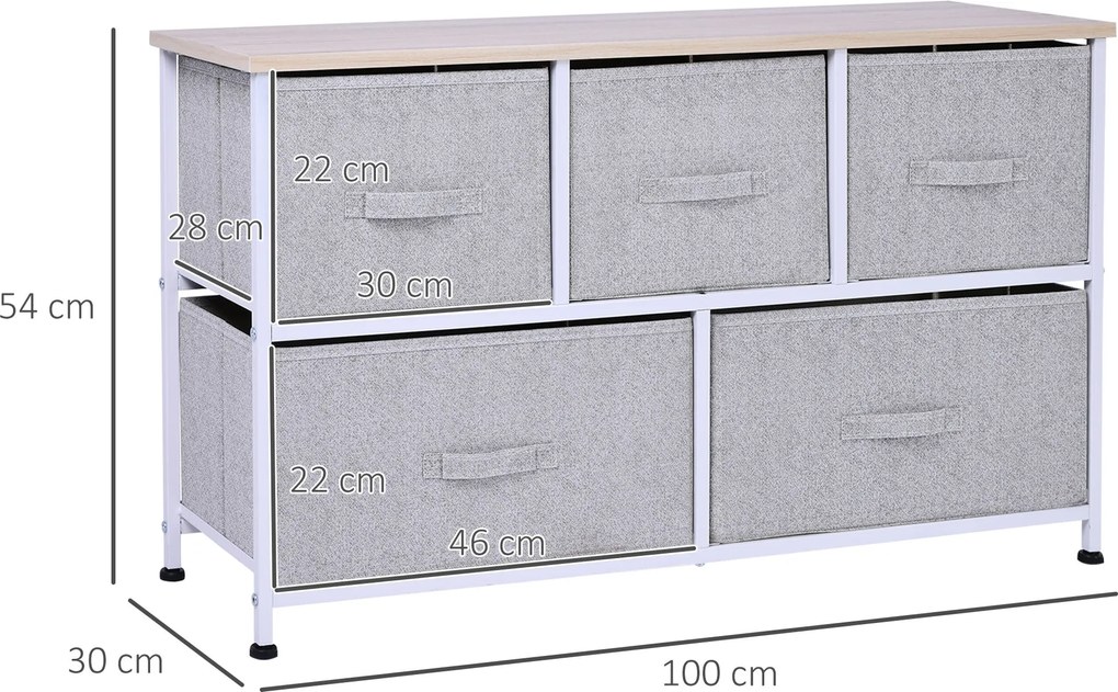 HOMCOM Fiókos Szekrény Tároló 100 x 30 x 54 cm 5 Nem Szőtt Fiókkal Szürke Acél Váz Fehér Világos Fa | Aosom