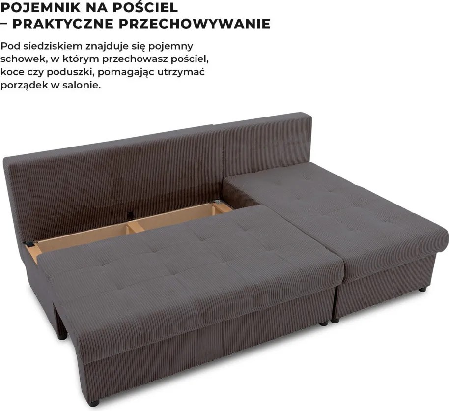 Venezia sarokkanapé, kordbársony, univerzális oldal, hab töltet, szürke