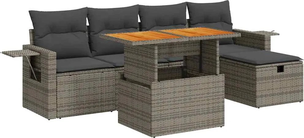 vidaXL 6 részes szürke polyrattan akácfa kerti ülőgarnitúra párnákkal