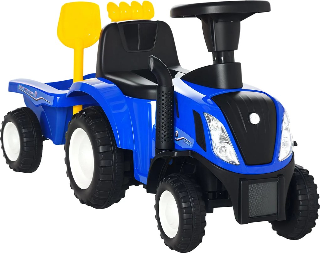HOMCOM Ülő Exkavátor NEW HOLLAND Játék Exkavátor Kormányzással, Fényekkel, Lapáttal, Tároló Hellyel az Ülés Alatt 25kg-ig, 1-3 Éves Gyerekeknek Kék |