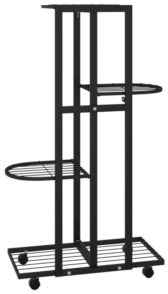 4 szintes fekete vas virágtartó állvány kerekekkel 44x23x80 cm