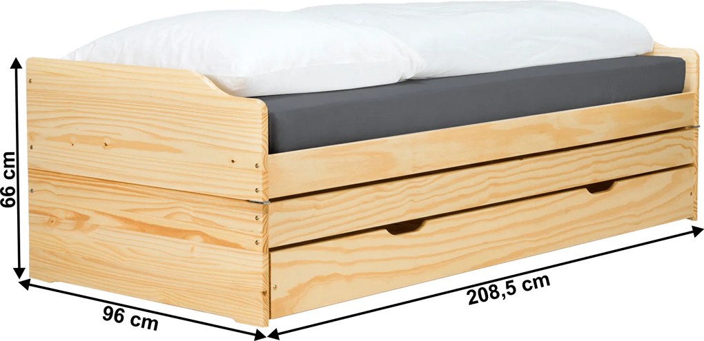 Ágy kihúzható pótágyakkal, természetes, tömörfa, 90x200, FLOPY