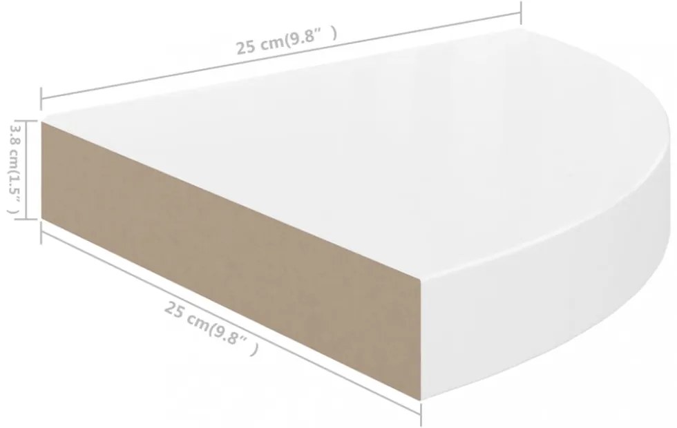 2 db magasfényű fehér MDF lebegő sarokpolc 25 x 25 x 3,8 cm