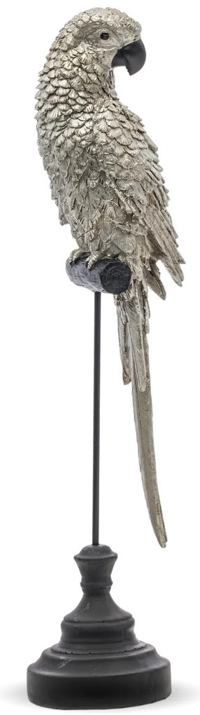 Tropical fekete csőrös ezüst kakadu papagáj szobor fekete állványon 46x10x10cm