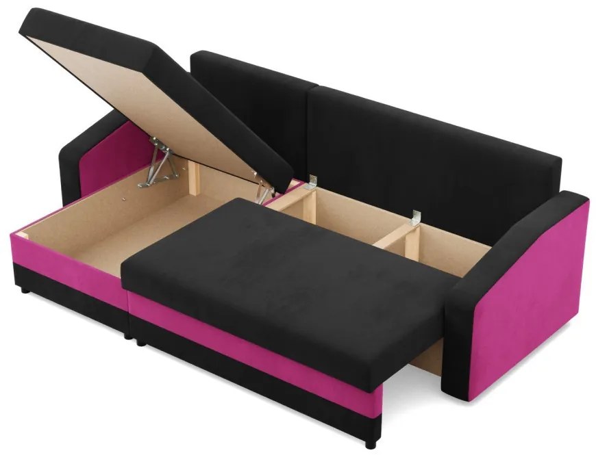 Hewlet sarokkanapé, 2 ágyneműtartóval, szövet anyag, univerzális oldal, hab töltet, fekete - rózsaszín