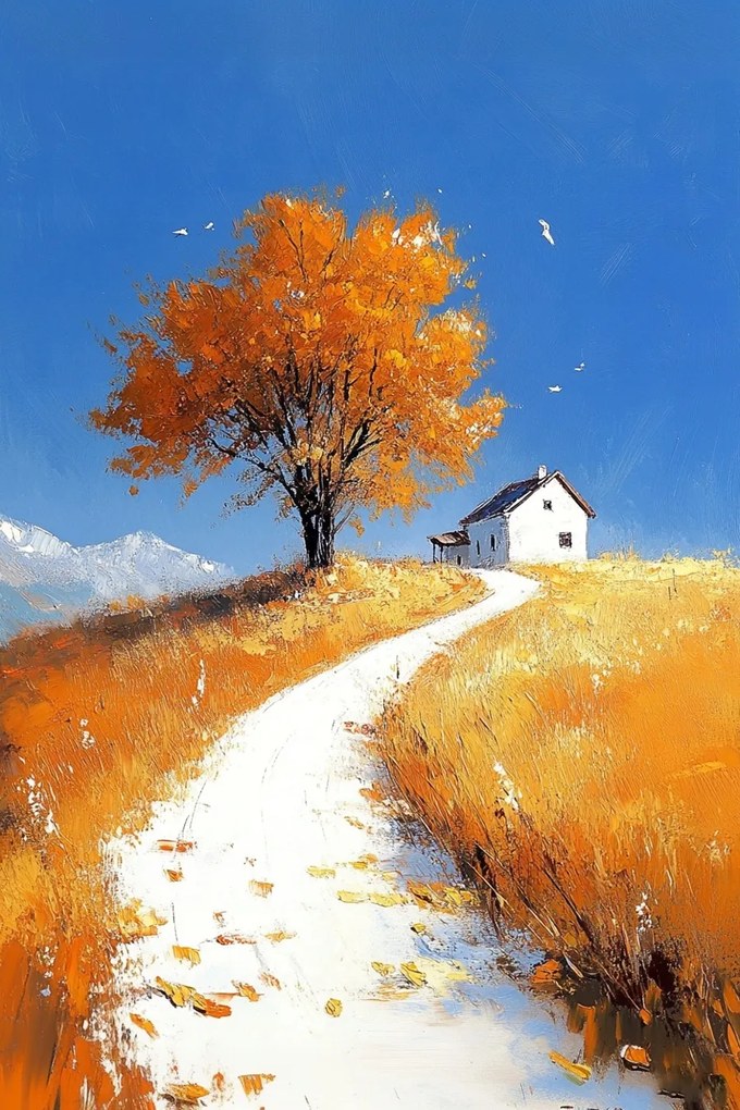 Vászonkép Canvas Tájkép Ősz Mező Út Falu Fa Ház 40x60