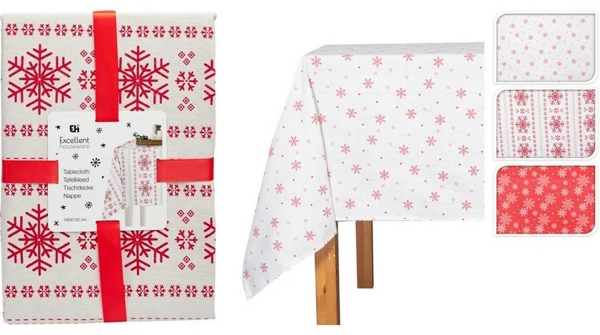 Karácsonyi terítő White Snowflakes on Red, 130 x180 cm