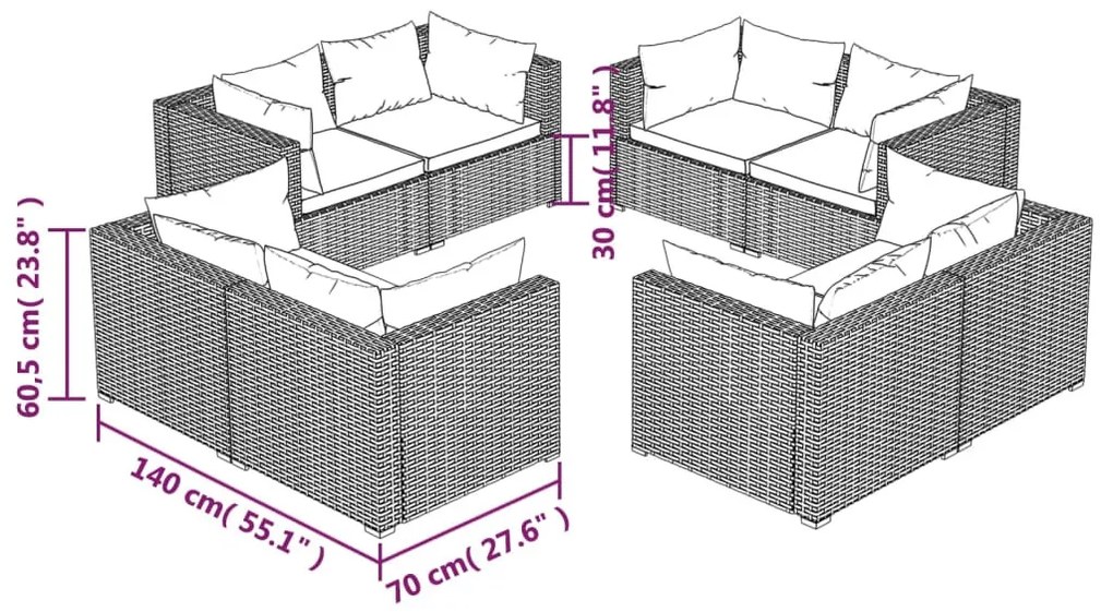 8 részes szürke polyrattan kerti ülőgarnitúra párnákkal