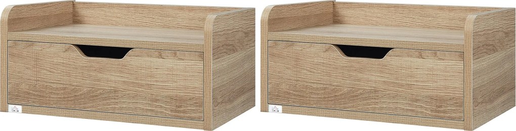 HOMCOM 2 Darab Fali Ágy Melletti Asztal - Csúsztatható Fiók, Polc - Természetes Forgácslap 40Sz x 30Mé x 19,5Ma cm | Aosom