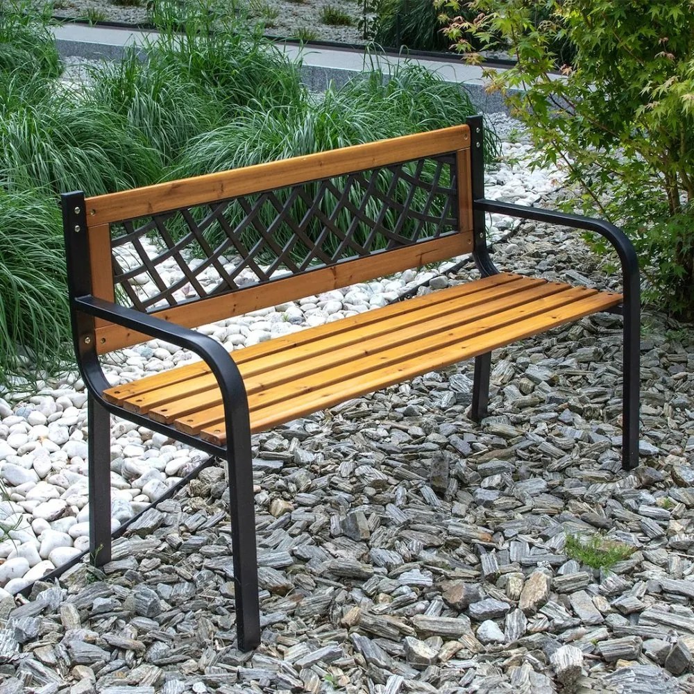 Fából készült kerti pad fémvázzal 118 x 60 x 85 cm
