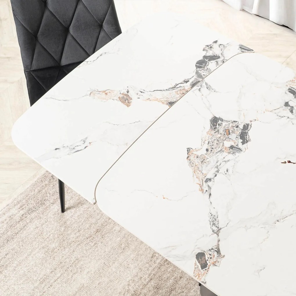 Bővíthető Kerámia Étkezőasztal Fehér Márvány/Fekete Színben. VERONA 160–240 cm