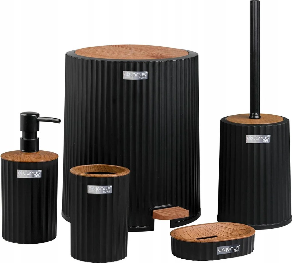 Fürdőszoba Szett 5 db-os Coliseum Wc Szett fekete /fa kosár kefe