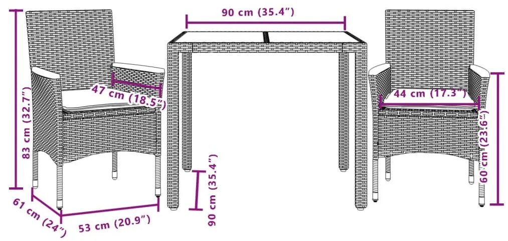 3részes szürke polyrattan/akácfa kerti étkezőgarnitúra párnával
