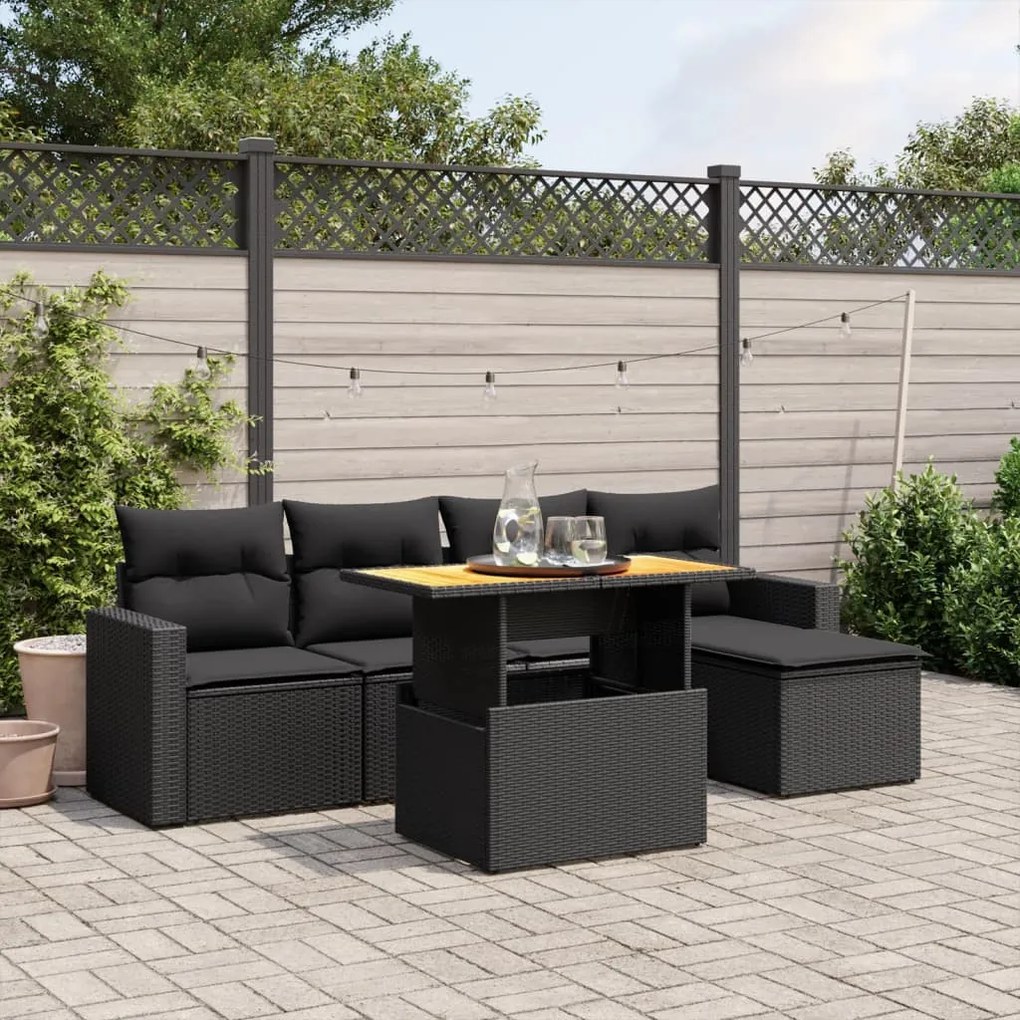 6 részes fekete polyrattan kerti ülőgarnitúra párnákkal