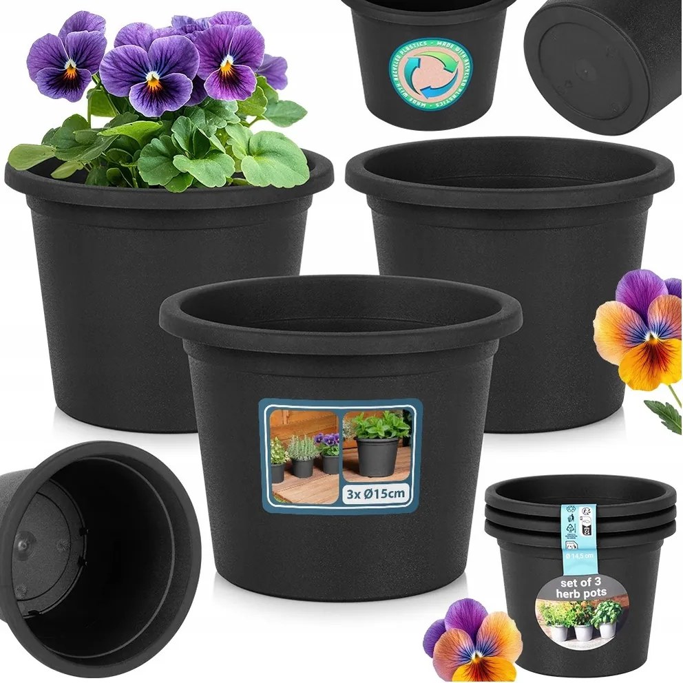 3x Kerti kaspó műanyag fekete növény virág gyógynövények 14,5x11 cm