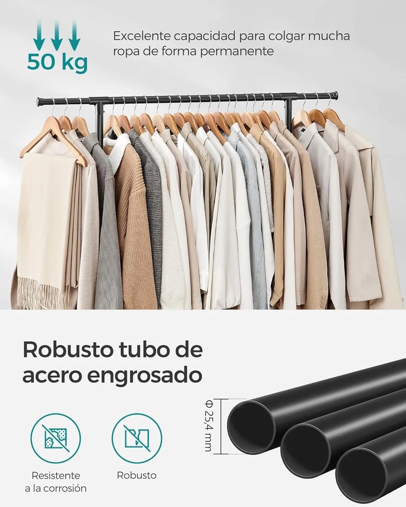 Dupla Ruhafogas, Állítható Felső Rúddal, Görgős, 113-180 cm, Fekete