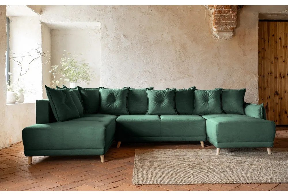 Zöld kordbársony kinyitható sarokkanapé (bal oldali-U alakú) Lazy Lukka – Miuform