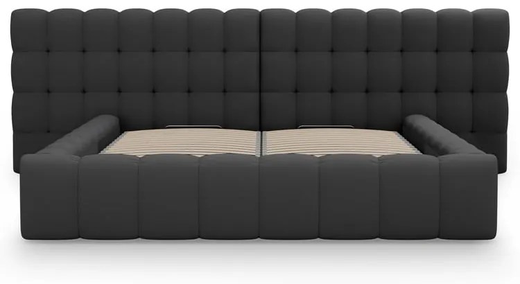 Fekete kárpitozott ágyneműtartós franciaágy ágyráccsal 180x200 cm Mamaia – Micadoni Home