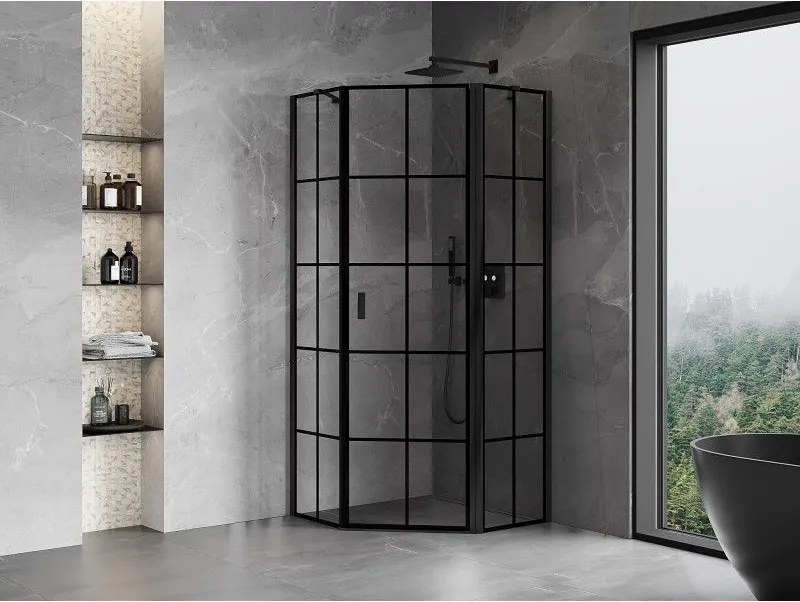 Mexen Mist, ötszögletű zuhanykabin, jobb oldali 90 x 90 cm, átlátszó üveg-fekete rács, 8A8-090-090-70-77-P