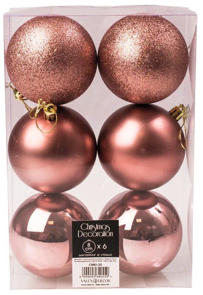 6db-os 8cm-es karácsonyi gömb szett - Rose gold