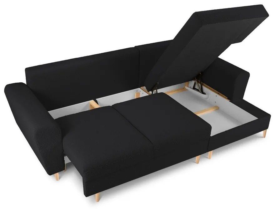 Fekete buklé kinyitható tárolóhelyes sarokkanapé (jobb oldali-heverő résszel) Kyoto – Cosmopolitan Design