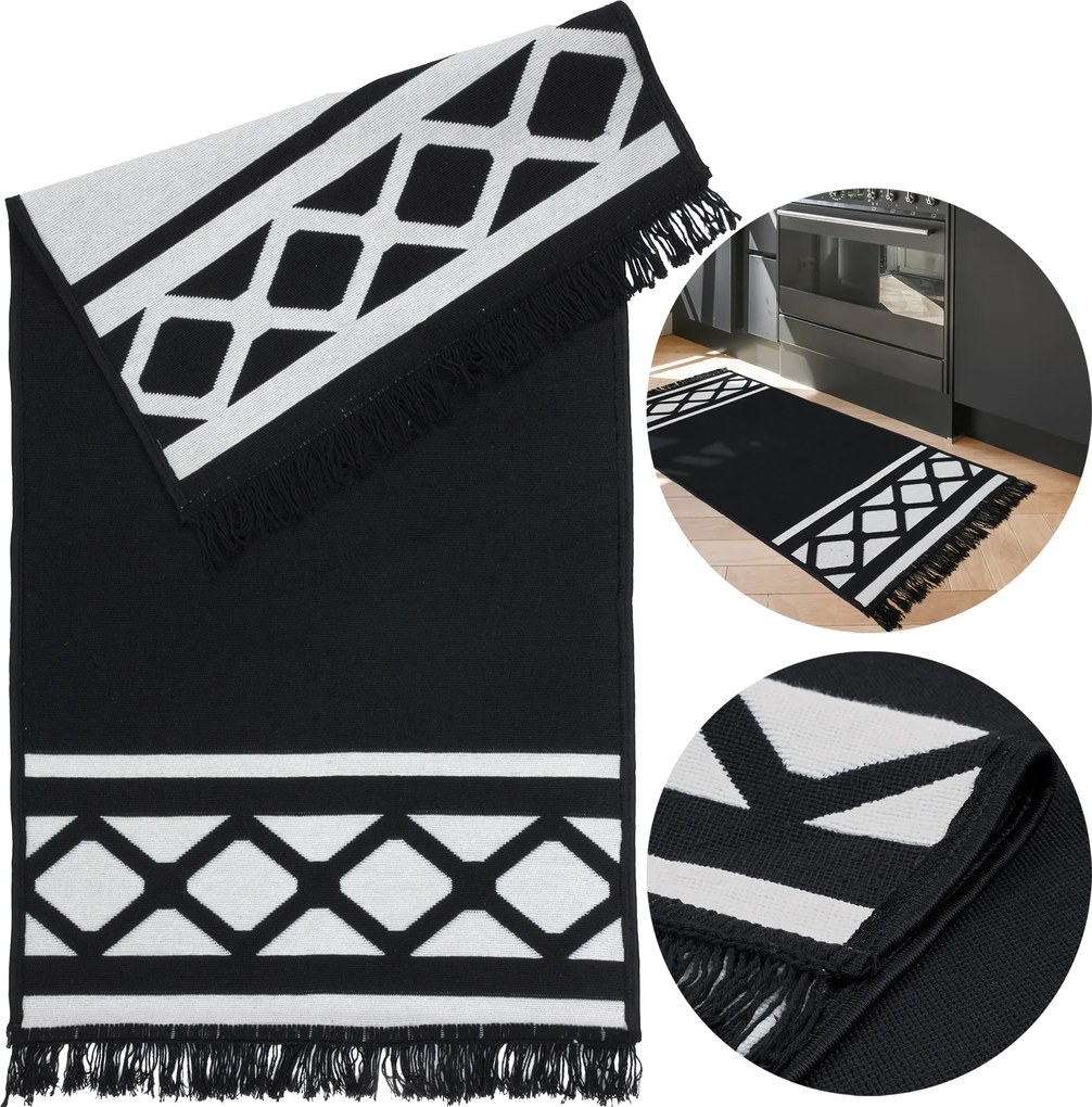 Kilim Szőtt Szőnyeg Kétoldalas Mintás Modern Rojtos 60x120CM Fekete-fehér